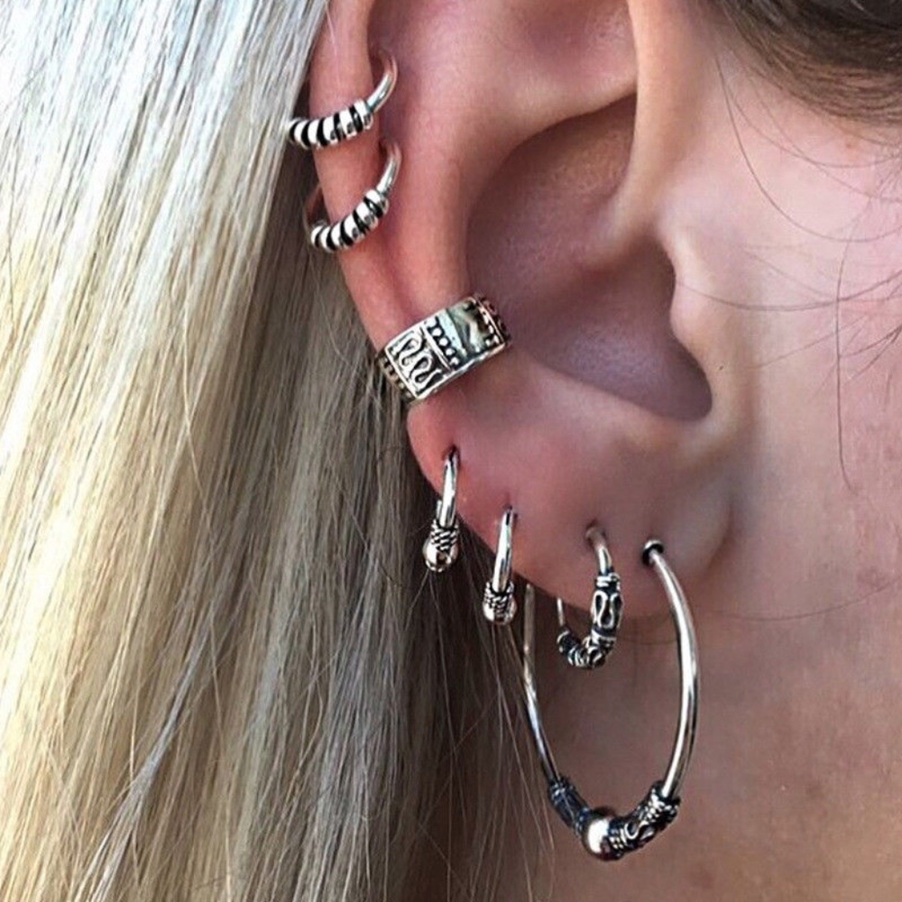 Womens Hoop Silver 7 earrings Boho Tribal